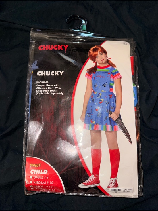 Spirit halloween Other - Chucky Jumper Dress Costume with Red Socks and Wig size large kids